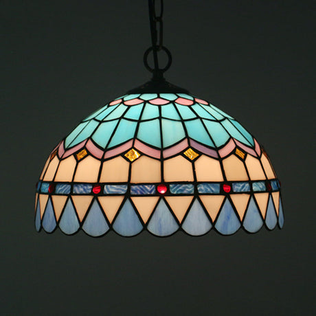 Tiffany Stained Glass Suspension Lamp: Lattice Bowl Pendulum Light - 1-Light Blue For Dining Room /