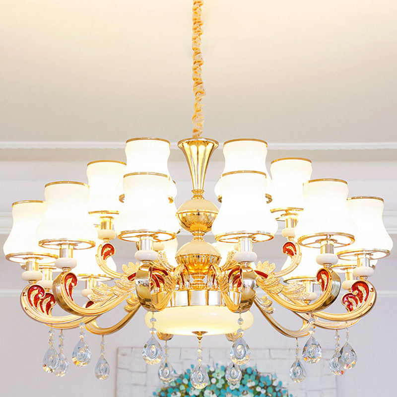 Minimalist Gold Chandelier Pendant With Curved Down Lighting And Frosted Glass Shade 18 / White B