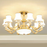 Minimalist Gold Chandelier Pendant With Curved Down Lighting And Frosted Glass Shade 10 / White D