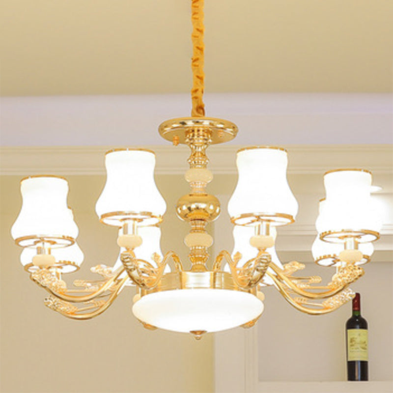 Minimalist Gold Chandelier Pendant With Curved Down Lighting And Frosted Glass Shade 8 / White D
