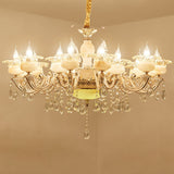 Contemporary Gold Petal Chandelier With Jade Suspension & Crystal Draping