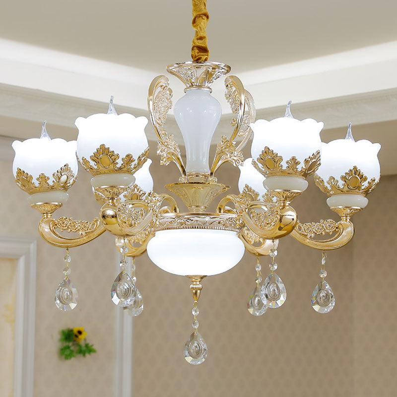 Modernist Opal Glass Hanging Pendant Light In Gold For Living Room - Bud Chandelier Lighting