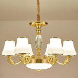 Contemporary Gold Chandelier Light Fixture - White Ribbed Glass Cone Ceiling Lamp 6 /