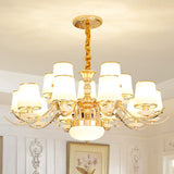 Modern White Glass Gold Pendant Chandelier With Barrel Shade And Curved Arm 12 /