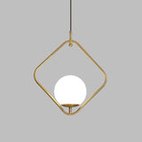 Minimalist Milky Glass Orb Pendant Light With Gold Pendulum And Metal Frame / A
