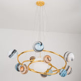 Stained Glass Drop Lamp - Elegant 7-Head Chandelier For Dining Room Simple Planet Orbit Design Gold