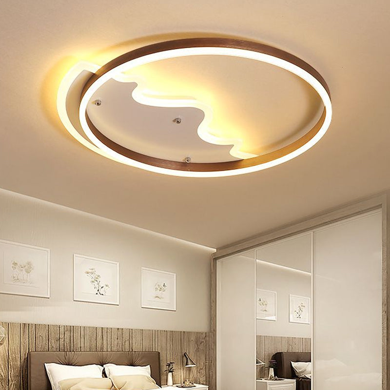 Contemporary Led Flush Mount Ceiling Light With Coffee - Colored Metal Ring - Ideal For Mountain