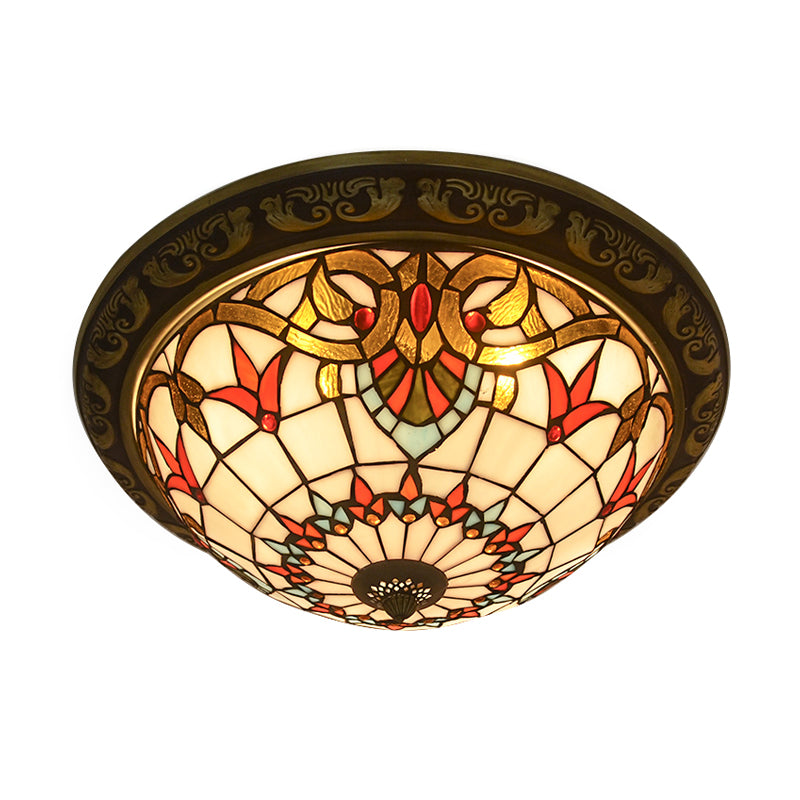 Victorian Stained Glass Half Globe Ceiling Light For Bedroom - Beige 16/19.5 4 Lights Flush Mount