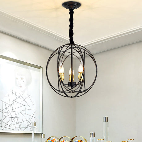 Industrial Metal Candle Pendant Lighting With Orb Cage - 14/19 Wide Black 3/6-Light Fixture For