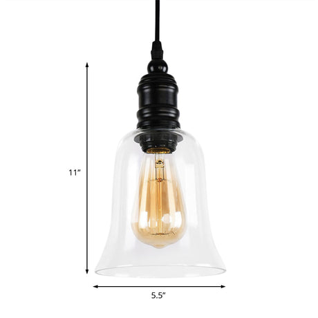 Industrial Hanging Light Fixture For Kitchen - Clear Glass Shade Black Pendant Globe/Bell 1-Light