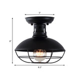 Industrial Dome Metal Ceiling Light With Cage In Black - Single Bulb Semi Flush Mount