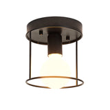 Industrial Metal Flushmount Light With Cage - Cylinder Corridor Design
