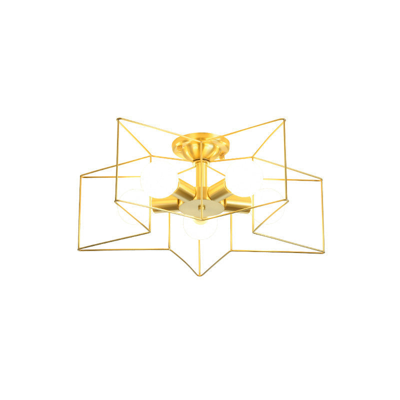 Industrial Style Metal Star Cage Flush Mount In Gold - Bedroom Ceiling Lighting