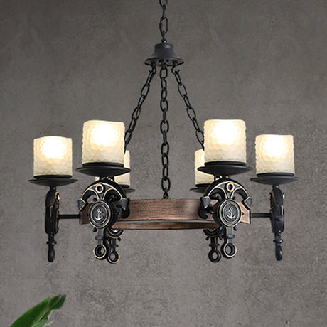 Coastal Wagon Wheel Chandelier With Frosted Texture Glass - 6-Light Pendant For Corridors Black