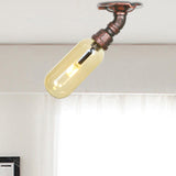 One Light Capsule Semi Flush Industrial Weathered Copper Amber Glass Fixture With Pipe Design