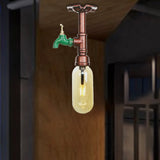 One Light Capsule Semi Flush Industrial Weathered Copper Amber Glass Fixture With Pipe Design
