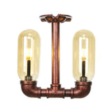 Amber Glass Semi Flush Industrial Dining Room Light Fixture In Weathered Copper - Capsule Shade