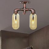 Amber Glass Semi Flush Industrial Dining Room Light Fixture In Weathered Copper - Capsule Shade