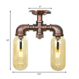 Amber Glass Semi Flush Industrial Dining Room Light Fixture In Weathered Copper - Capsule Shade