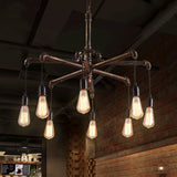 Rustic Aged Silver/Bronze Pipe Chandelier Lamp - Wrought Iron Exposed Bulb 6/8 Heads Indoor Hanging