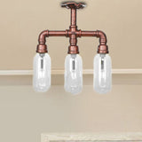 Industrial Weathered Copper Semi Mount Indoor Ceiling Light With Clear Glass And Pipe Design - 3/4/5