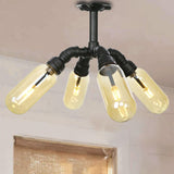 Rustic Amber Glass Ceiling Light With Semi-Flush Design - 4/5/6 Bulbs Matte Black Finish And Pipe