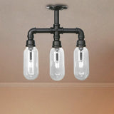 Vintage Style Matte Black Semi Flush Light With Clear Glass - Pipe Designed 3/4 Capsule Fixture