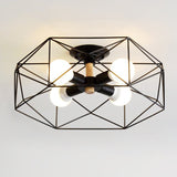 Caged Opal Glass Semi Mount Industrial Ceiling Light In Black/White - 3/4/5 Bulb Living Room