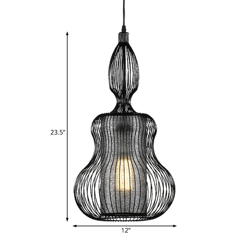 Gourd Cage Pendant Light - Simple Elegant Metal Hanging With Cylinder Shade Inside Black