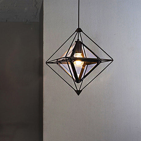 Polygon Ceiling Lamp With Amber/Smoke Glass Shade - Modern Pendant Light Black/Gold Frame