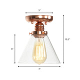 Copper Semi Flush Ceiling Fixture: Clear Glass Cone/Barrel/Bell Shade For Industrial Living Room