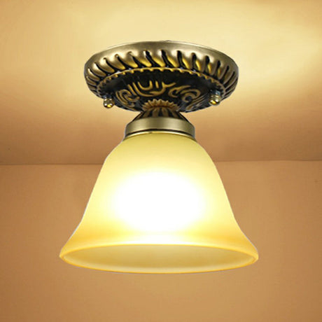 Frosted Glass Semi Flush Mount Vintage Bronze Bell Ceiling Light