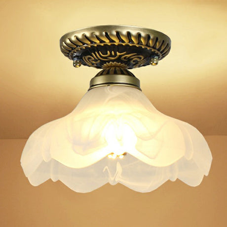 Frosted Glass Semi Flush Mount Vintage Bronze Bell Ceiling Light