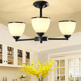 Retro Semi Flush Mount Metallic Ceiling Light With Black Finish And Bell Cream Glass Shade For