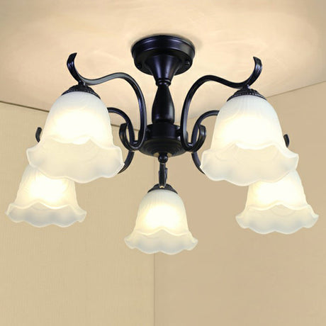 Vintage Opal Glass Semi Flush Mount Chandelier - Black Bell Shaped Ceiling Light For Living Room 5 /