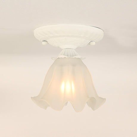 Frost Glass Ruffle Semi Flush Ceiling Light - Single-Bulb Pastoral Bedroom Fixture