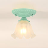 Frost Glass Ruffle Semi Flush Ceiling Light - Single-Bulb Pastoral Bedroom Fixture Green