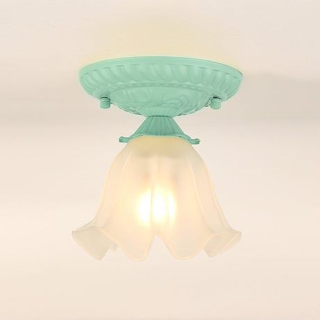 Frost Glass Ruffle Semi Flush Ceiling Light - Single-Bulb Pastoral Bedroom Fixture Green
