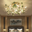 Pastoral Living Room Rose Ceramic Semi - Flush Ceiling Light With Decorative Crystal Accents 7 /