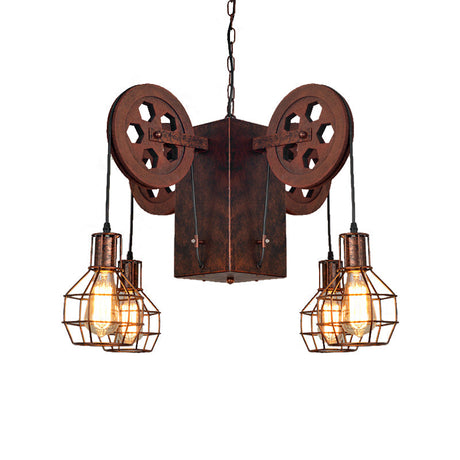 Industrial Metal Rust Pendant Lamp - Caged Globe 4/6-Light Chandelier With Gear Fixture