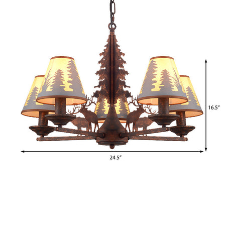 Industrial Cone Metal And Fabric Chandelier - Rust Finish 3/5/8 Light Pendant Lighting For Dining