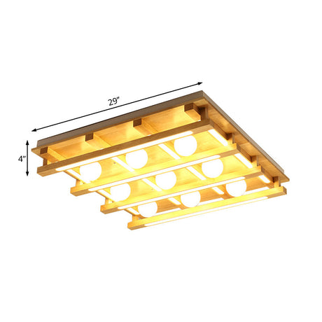 Modern Square Wood Flush Mount Lamp With Led Lights - Brown Ceiling Light Fixture White Glass Ball