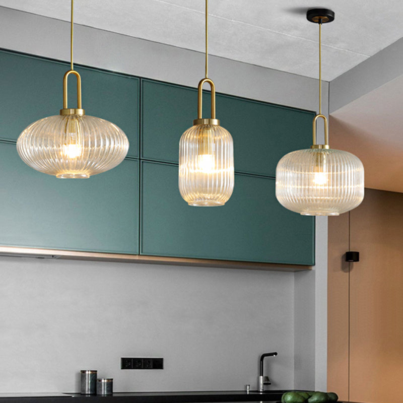Modernist Clear Ribbed Glass Pendant Hanging Lamp Fixture - 1 Light Gold 6/8/12 Wide For Kitchen