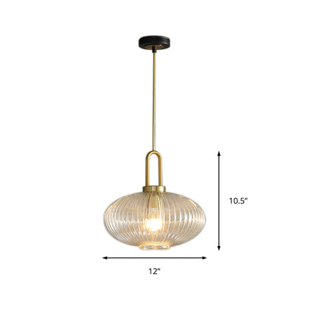 Modernist Clear Ribbed Glass Pendant Hanging Lamp Fixture - 1 Light Gold 6/8/12 Wide For Kitchen