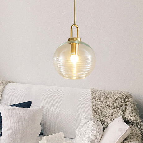 Modernist Clear Ribbed Glass Pendant Hanging Lamp Fixture - 1 Light Gold 6/8/12 Wide For Kitchen