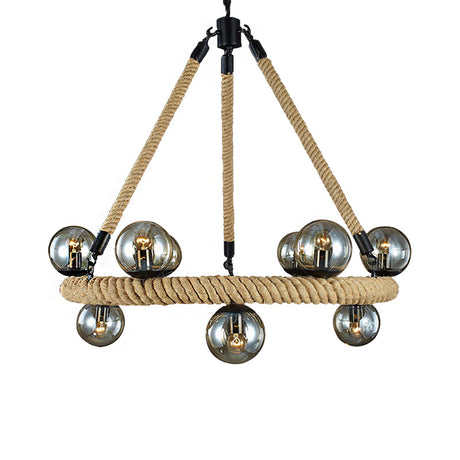 Beige 9-Light Chandelier With Industrial Rope Design Glass Shade - Perfect For Dining Room