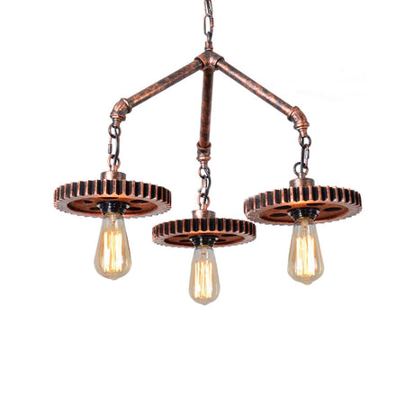 Industrial 3-Light Metal Chandelier In Weathered Copper Gear - Open Design For Dining Room Pendant