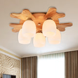 Contemporary Milk Glass Flush Mount Lamp With Wood Canopy - 1/3/4 Lights Beige Finish 5 /