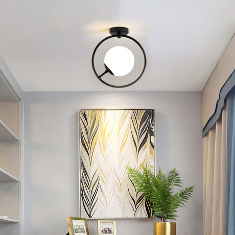 Modernist White/Yellow Glass Semi Flush Mount Light Fixture With Iron Ring - Sphere 1 Black