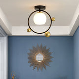 White Glass Semi Flush Mount With Black Iron Ring Modernist 1 Light Fixture 10/12 Wide